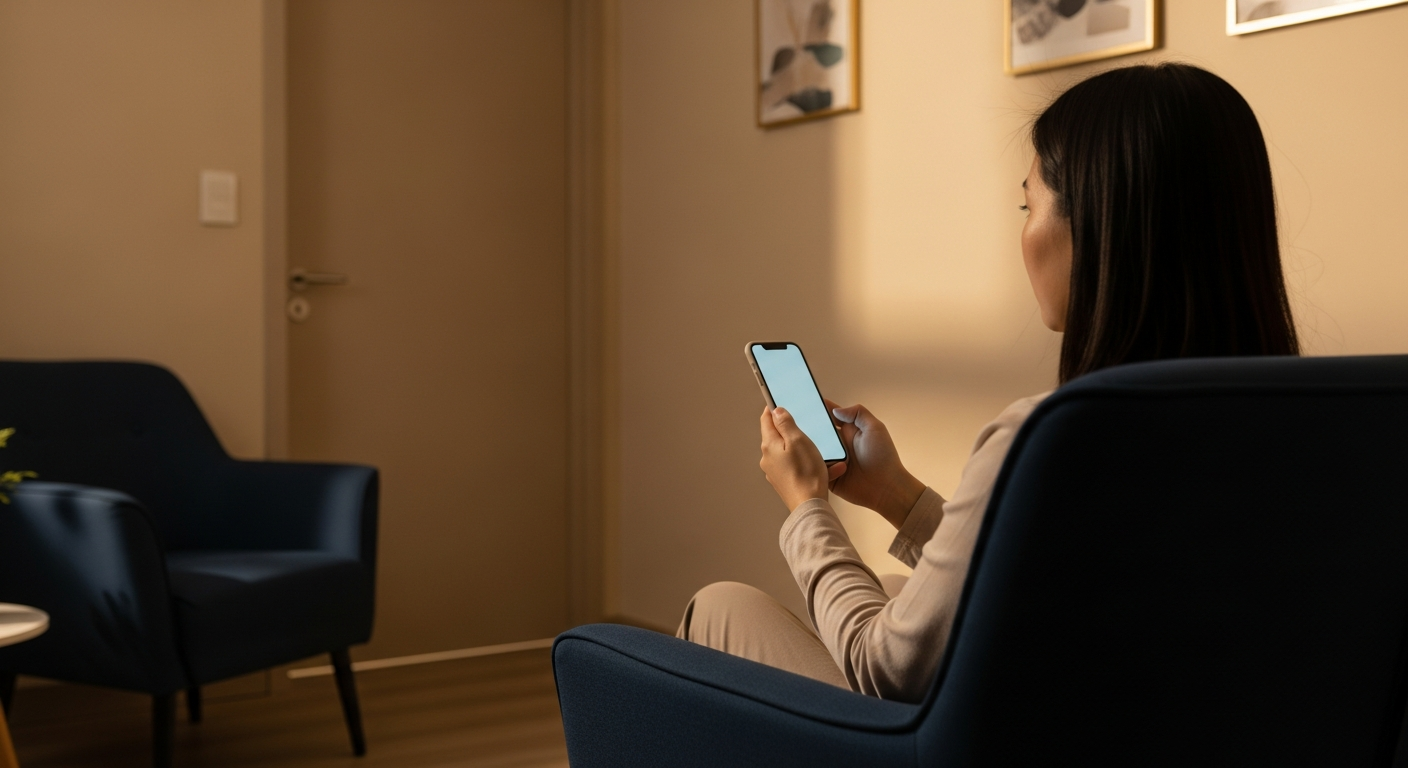 スマホを手に不安そうにパートナーの帰宅を待つ人物のイメージ。普段と違う挙動が勘づかれるきっかけになることを示唆