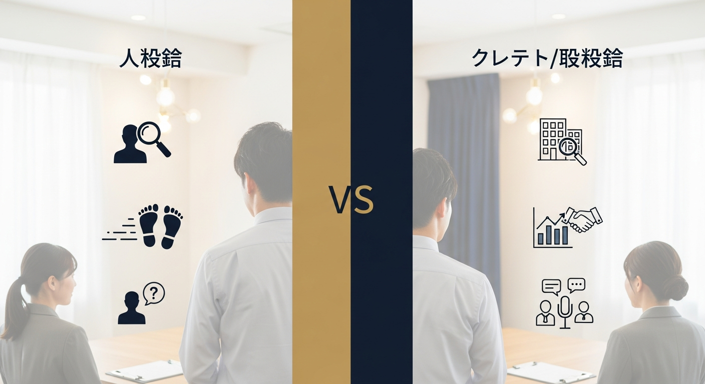 探偵事務所と興信所の実態の違いを左右2カラムで対比した図解イメージ。左に探偵事務所(個人対象・浮気/素行・身分を明かさず尾行)のアイコン群、右に興信所(企業対象
