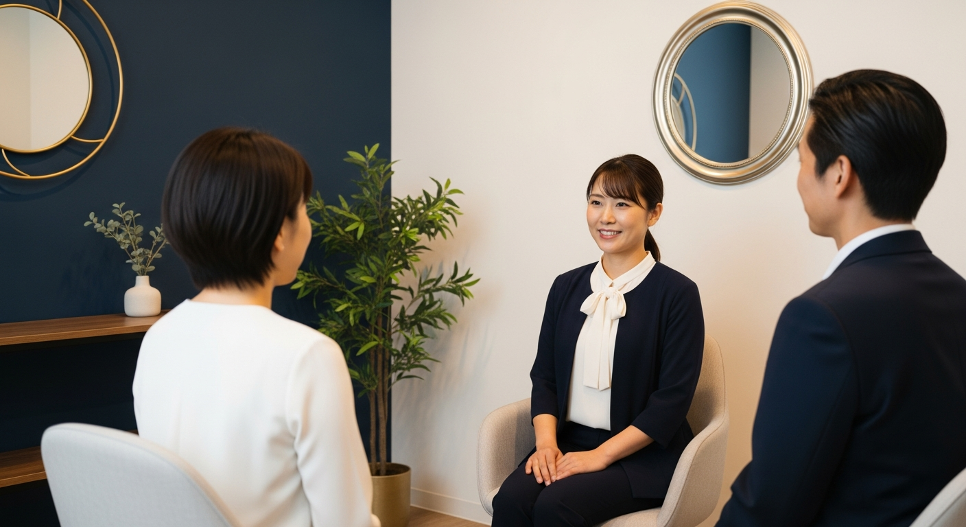 養育費算定表の見方を図解した横型フロー図。左から「①義務者年収を確認」→「②権利者年収を確認」→「③子の人数・年齢で表を選ぶ」→「④交差点の金額が月額目安」の4
