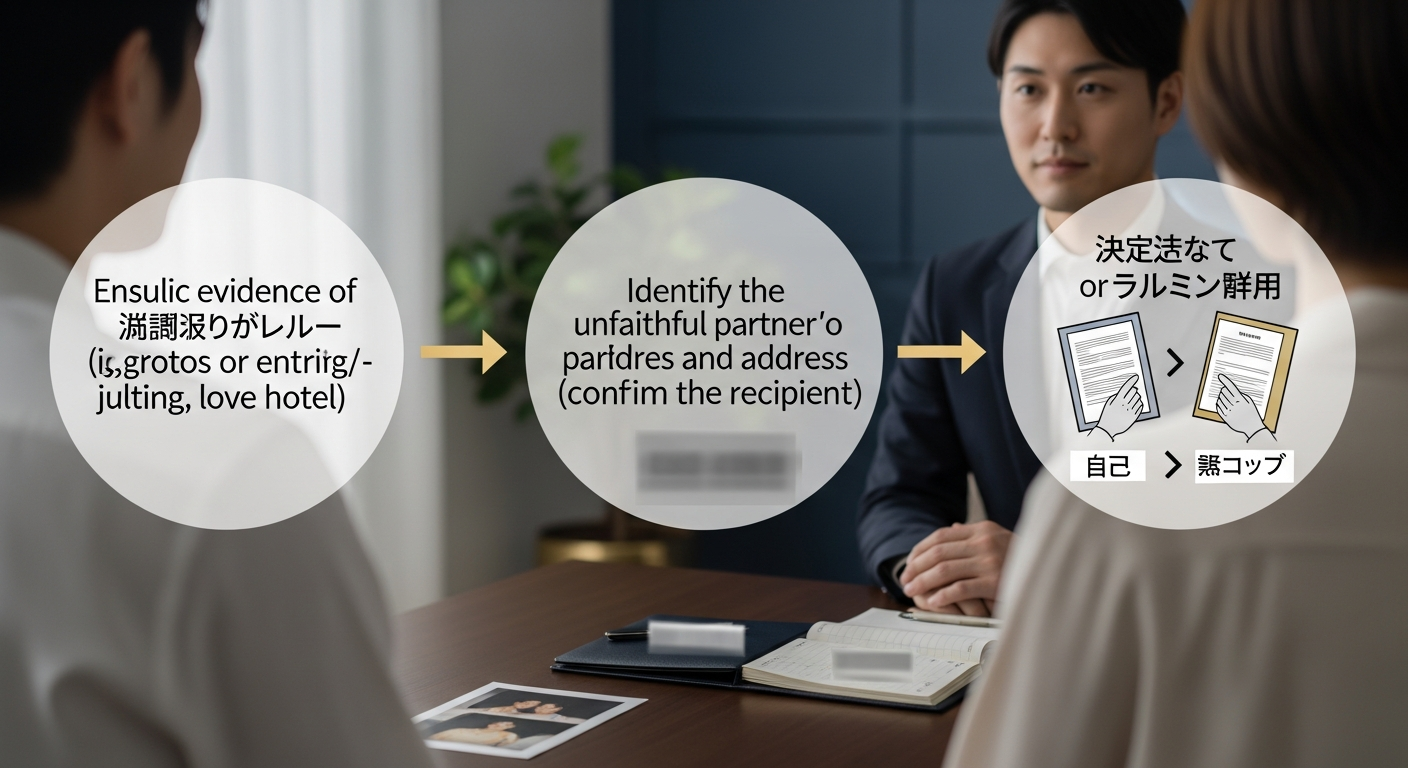 内容証明を送る前にやるべき準備を3ステップで示した図解イメージ。左から「①不貞を推認できる証拠の確保(ラブホテル出入りの写真等)」「②不倫相手の氏名・住所の特定