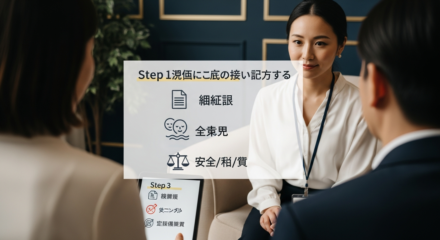 クロ確定の結果直後にやるべきこと(報告書の確認・感情的に問い詰めない・証拠の保全)を、チェックマーク付きの3ステップのカードまたは縦並びリストで示した図解イメー