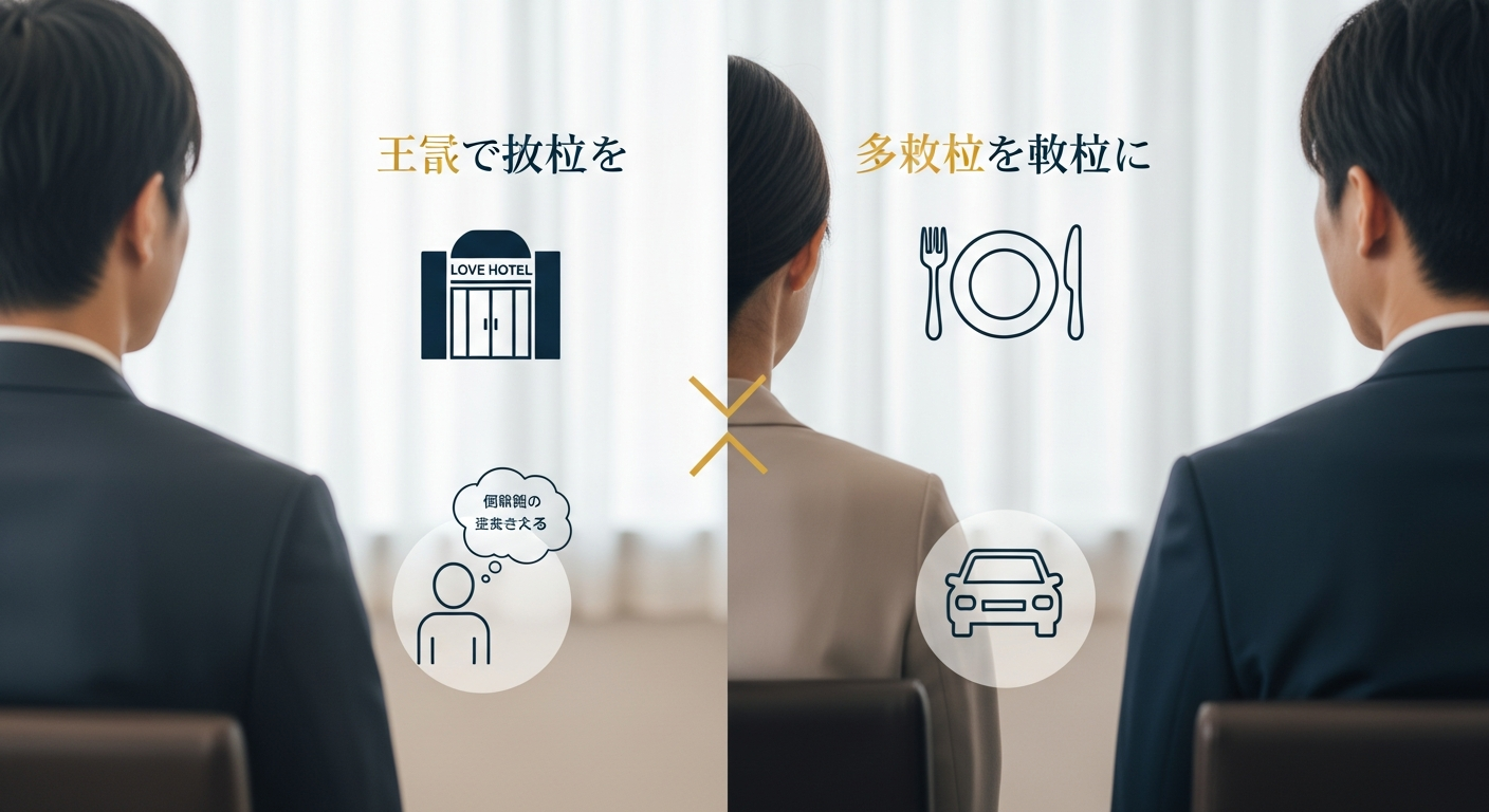 「一回で足りるケース」と「複数回が必要なケース」を左右2カラムで対比した図解イメージ。左に強い証拠(ラブホテル出入り・自白)のアイコン、右に弱い証拠(食事・送迎
