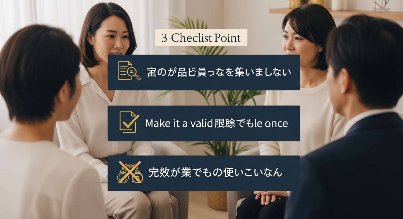 証拠集めで押さえるべき3つのポイント(不貞を推認できる質を狙う・一回でも有効な報告書にする・違法な手段で集めない)を、チェックマーク付きアイコン3項目で縦並びに