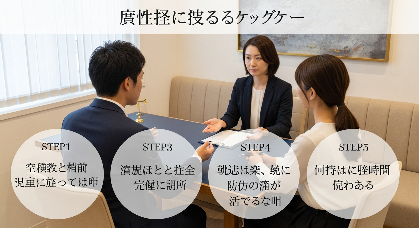 夫の浮気をやめさせて再構築するための5つのステップを縦に並べた図解イメージ。「①感情的に問い詰める前に事実と証拠を整理する」「②浮気相手との関係を完全に断ち切ら