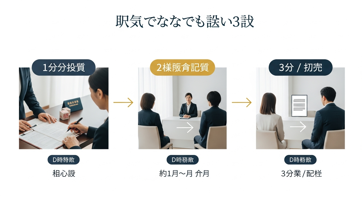 離婚調停の流れを3ステップで示したフロー図イメージ。左から「①家庭裁判所へ申立て（申立書・戸籍謄本・収入印紙）」「②調停期日での話し合い（調停委員を介し別室で交