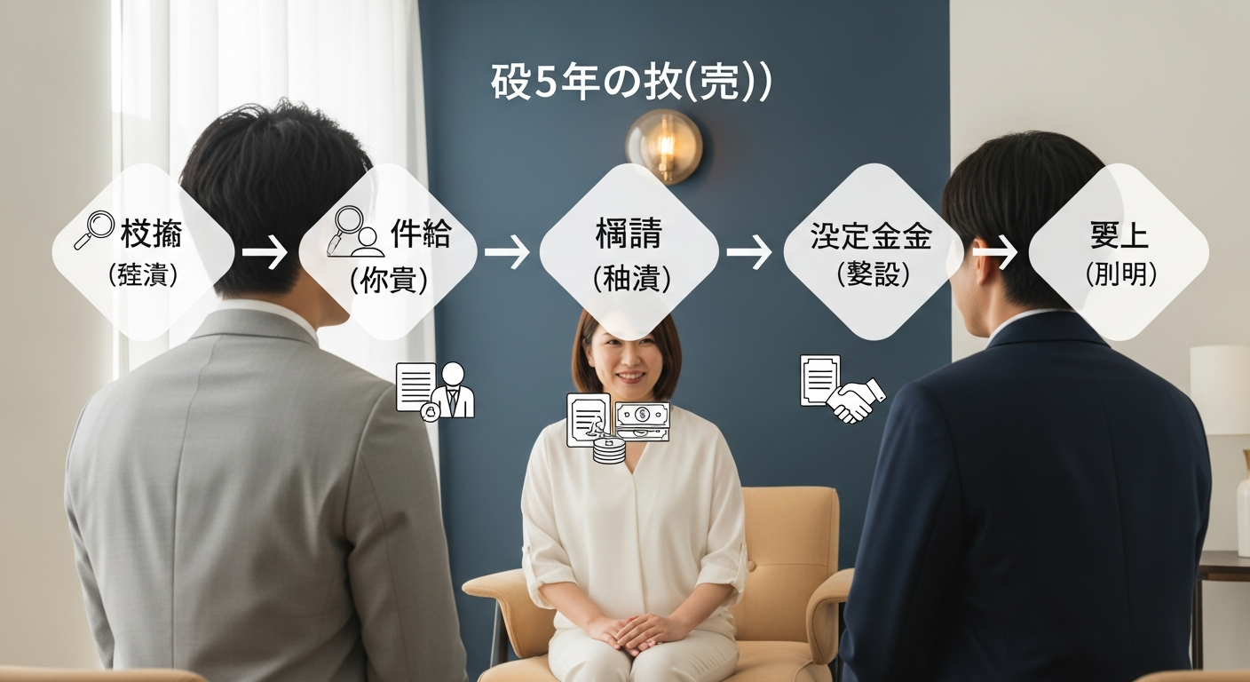 「証拠→相手特定→請求→金額決定→受け取り」の5ステップを左から右へ矢印でつないだフローチャート的な図解イメージ。各ステップにアイコン(虫眼鏡・人物・書類・お金