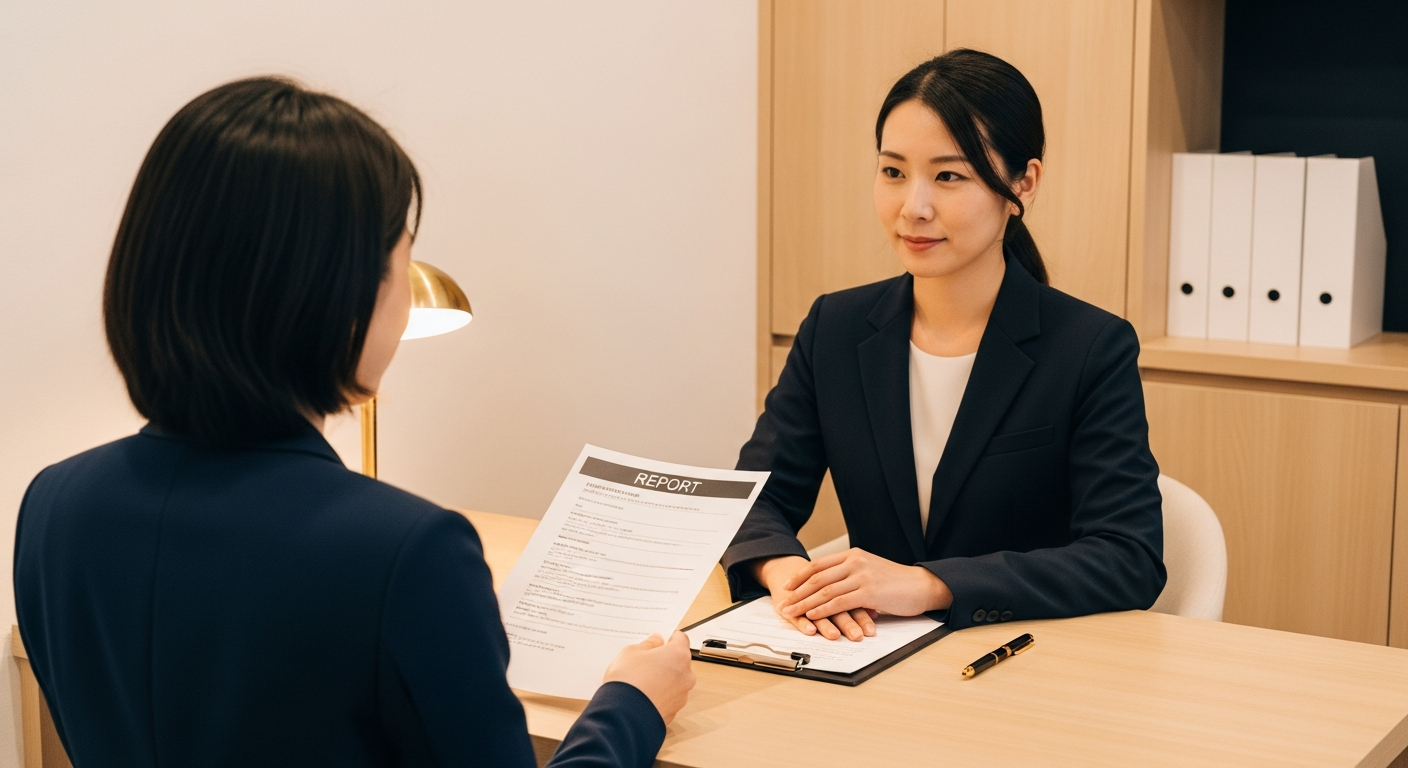 報告書を手に弁護士に相談する人物のイメージ。受け取った報告書を慰謝料請求の手続きへつなげる流れを示唆する落ち着いたトーン