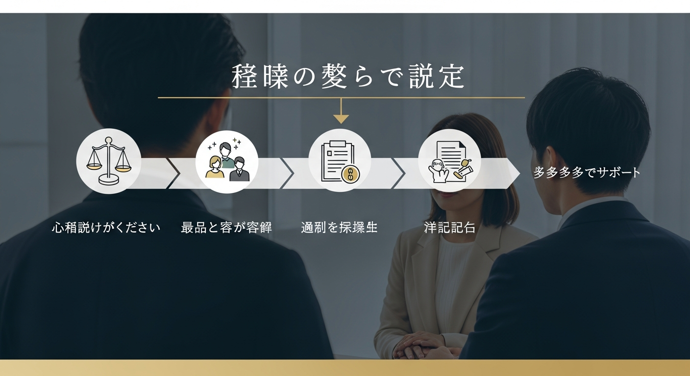 「探偵への依頼から解決までのフロー図」。「無料相談」→「調査内容・費用確認」→「調査実施（尾行・張り込み）」→「報告書受取」→「法的手続き（慰謝料・離婚）」の5