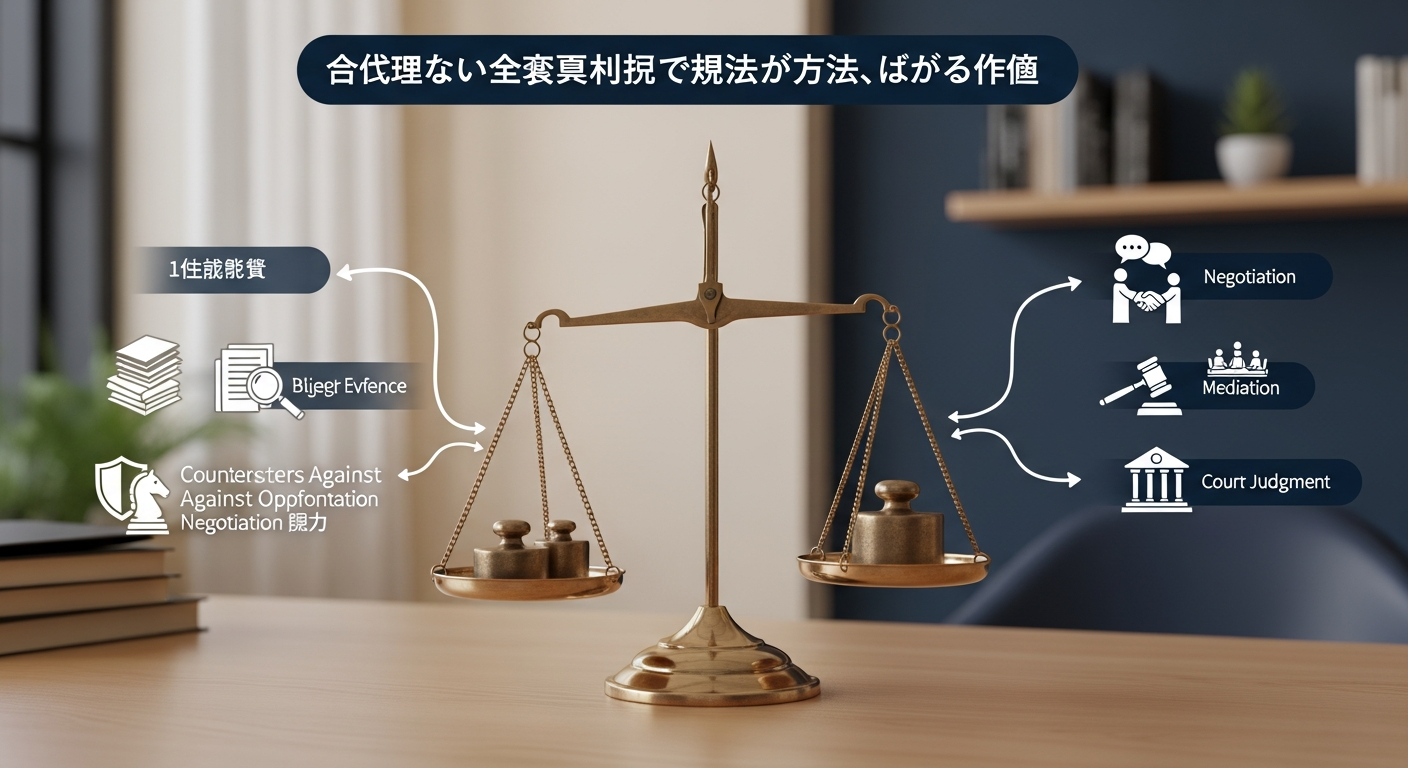 「有利・不利は方法ではなく準備で決まる」ことを示した図解イメージ。中央に天秤を置き、左右の傾きを動かす3つのおもりとして「①条件整理(慰謝料・財産分与・親権の希