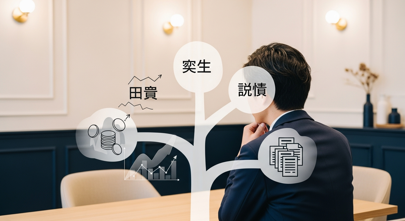 費用・不安・証拠という分岐の前で立ち止まる人物のイメージ。迷いの原因別に判断を進める内容を視覚的に示す、選択を連想させる落ち着いたトーン