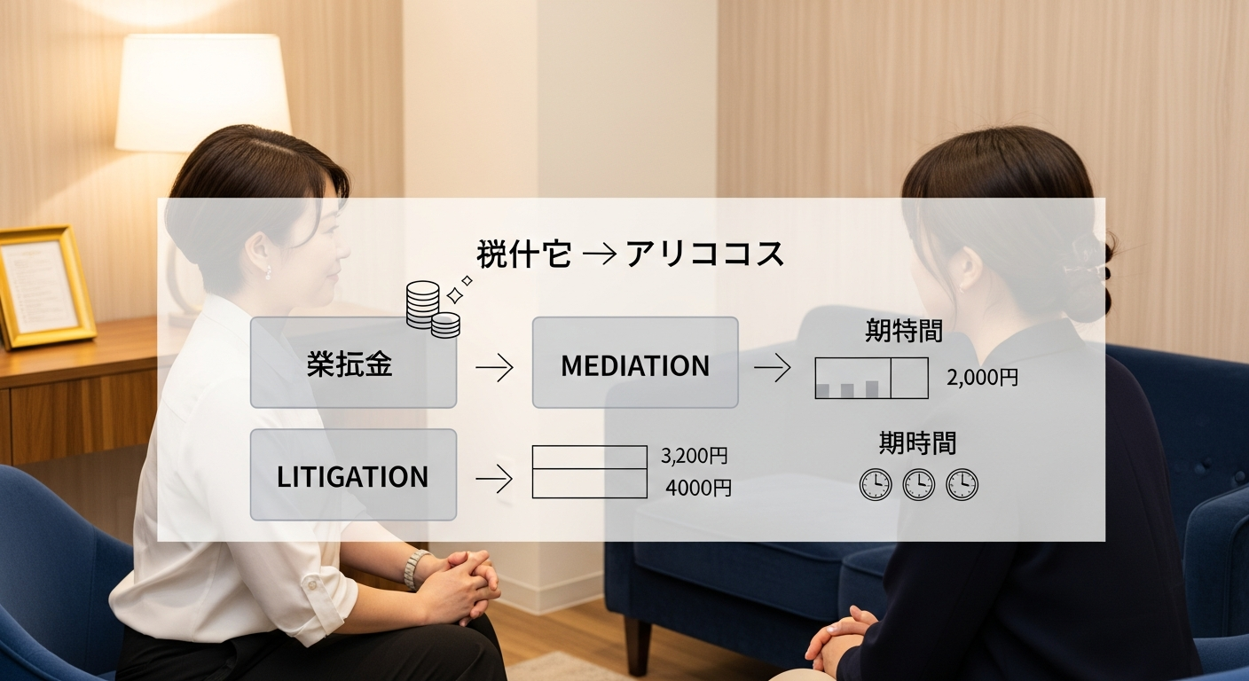 協議→調停→裁判の流れを示すステップフロー図。各段階の費用・期間の目安を視覚化