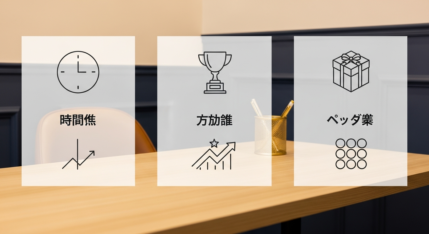 「時間制・成功報酬制・パック制」の3つの料金プランを3カラムで並べ、それぞれのアイコン(時計・トロフィー・パッケージ箱)と特徴を対比した図解イメージ。内容別にプ