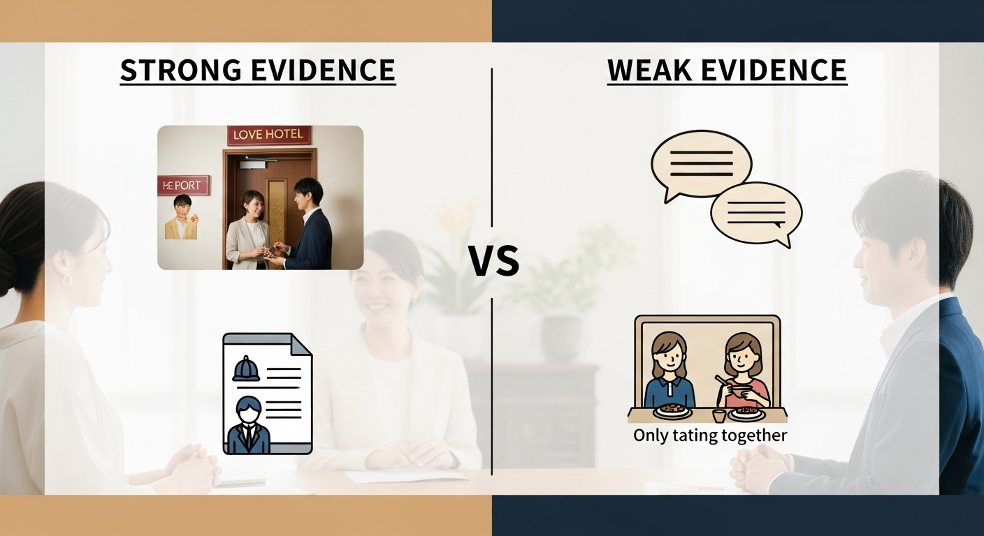 「強い証拠」と「弱い証拠」を左右2カラムで対比した図解イメージ。左に強い証拠（ラブホテルや自宅への二人での出入り写真・顔の判別・探偵の調査報告書）のアイコン、右