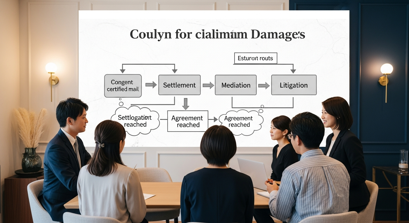 慰謝料請求の進め方を示したフロー図のイメージ。内容証明郵便→示談交渉→調停→訴訟の各ステップを左から右へ矢印でつなぎ、途中で示談成立・合意に至る分岐や、求償権・