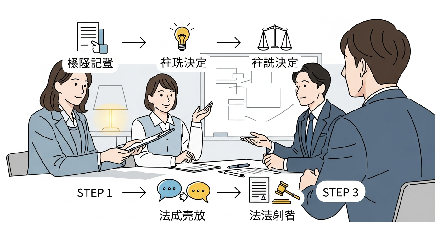 「報告書の受け取り→方針決定→交渉・法的手続き→(必要なら)裁判」という調査後の流れを、左から右へ進むフロー図・矢印ステップで示した図解イメージ。各ステップにア