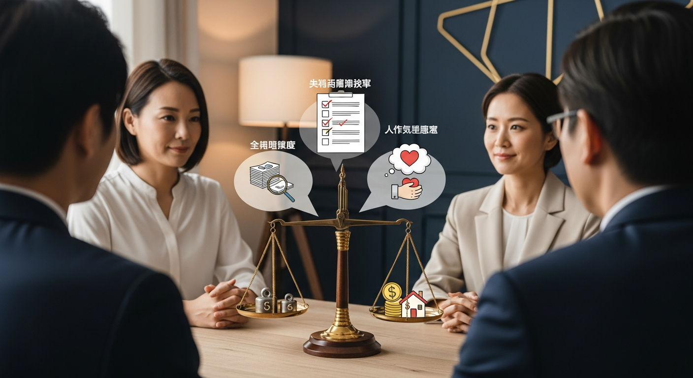 選択肢を決めるための3つの判断軸(証拠の強さ・経済面/子どもの有無・自分の気持ち)を、天秤やチェックリストのモチーフで示した図解イメージ。3つの軸を総合して再構