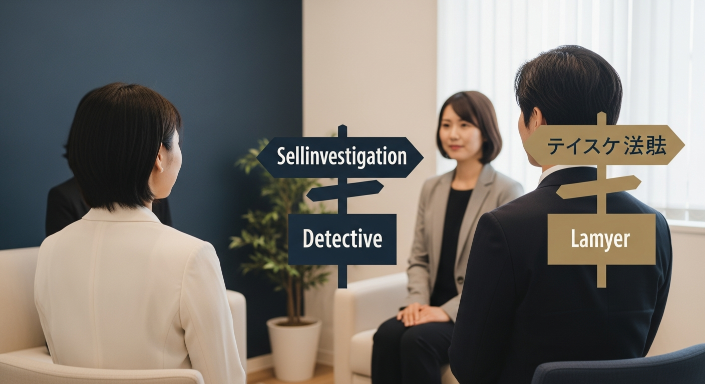 「自分で」「探偵」「弁護士」の3つの分岐路を表す道や標識のイメージ。浮気相手を特定する3ルートの選択を視覚的に示す、整理・比較を連想させる構図