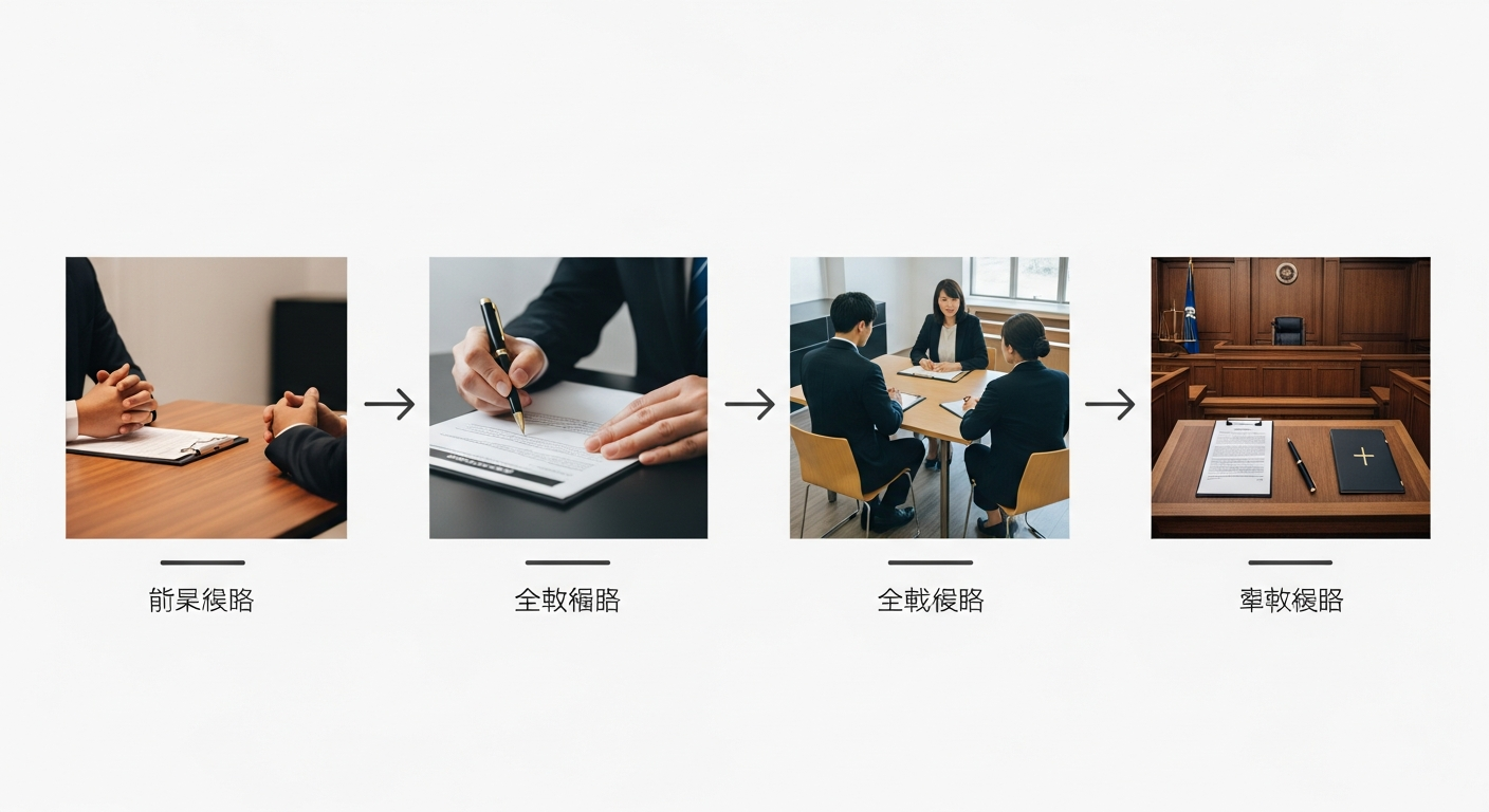 請求の進め方を4ステップで示したフロー図イメージ。左から「①直接交渉・示談（合意書・公正証書）」「②内容証明郵便（請求の意思を記録に残す）」「③調停（裁判所で話
