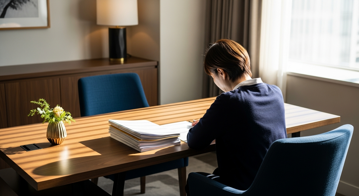 窓際で書類を見つめる人物。モラハラの苦しみと決断の重さを静かに表現するイメージ