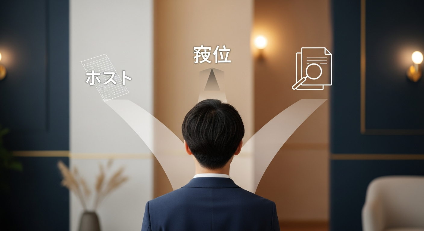 費用・不安・証拠という分岐の前で立ち止まる人物のイメージ。迷いの原因別に判断を進める内容を視覚的に示す、選択を連想させる落ち着いたトーン