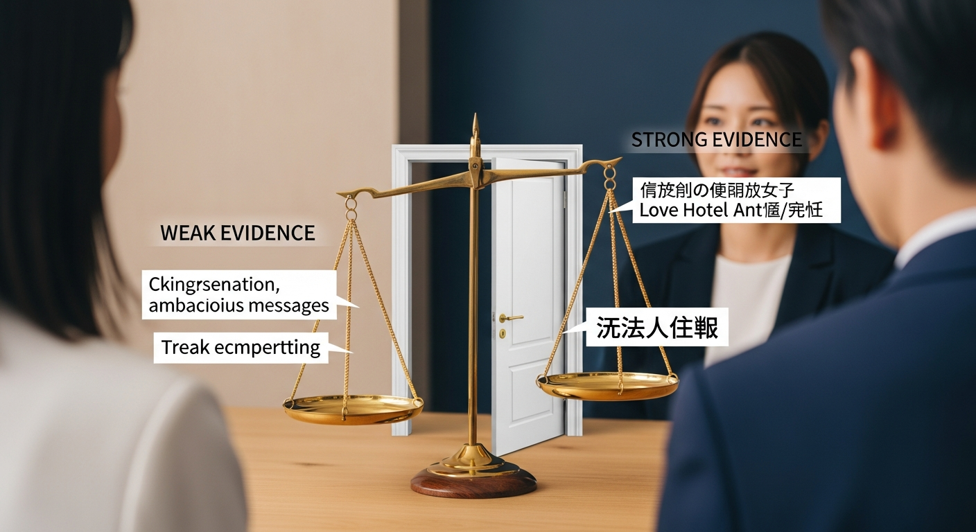 証拠の強さを示す右側の天秤に「ラブホテル出入り・探偵の報告書」など強い証拠、左側に「食事・送迎・曖昧なメッセージ」など弱い証拠を乗せ、強い証拠側が法的手段(慰謝