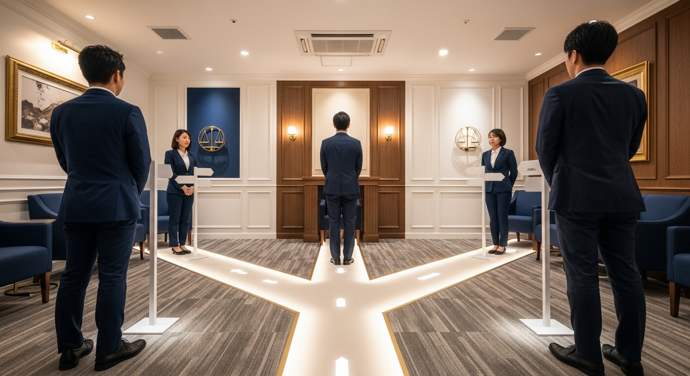 「自分で」「探偵」「弁護士」の3つの分岐路を表す道や標識のイメージ。浮気相手を特定する3ルートの選択を視覚的に示す、整理・比較を連想させる構図