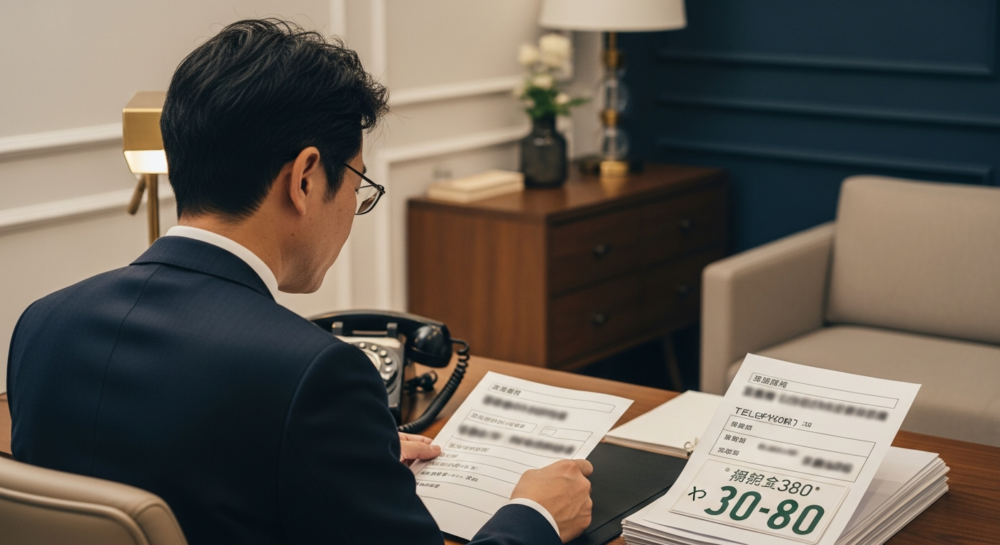 書類と電話番号・車のナンバーといった手がかりから人物像が浮かび上がる様子のイメージ。弁護士会照会で情報から氏名・住所を割り出すプロセスを連想させる、知的で冷静な