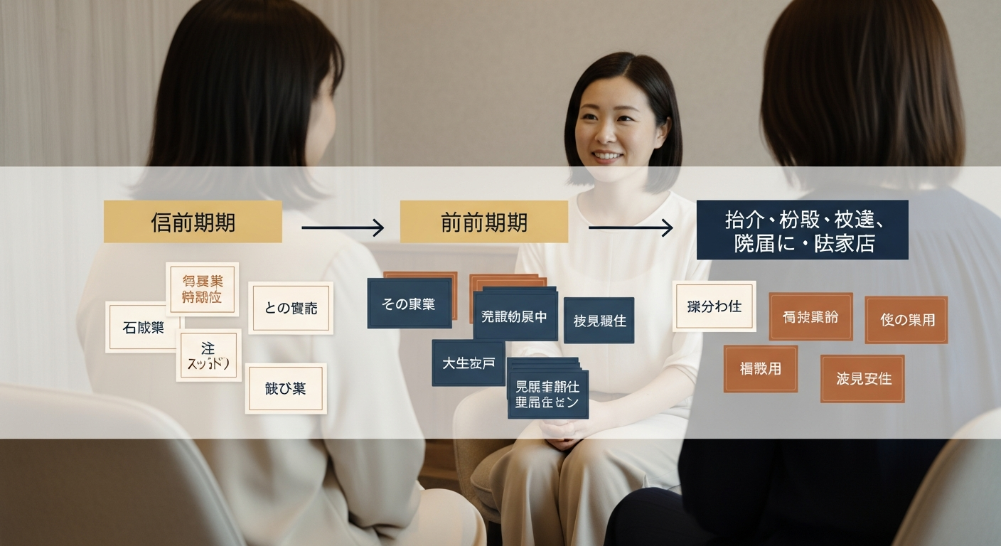 離婚の証拠収集タイムラインを横軸の時間軸で示した図解イメージ。準備期→直前期→別居・協議〜調停・裁判の3フェーズを矢印でつなぎ、各フェーズで集める証拠・注意点を