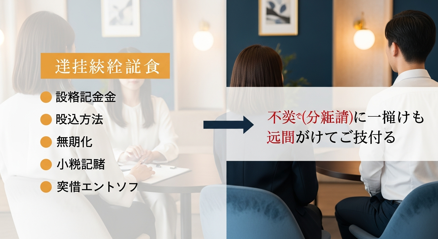 示談書と公正証書の関係を示した図解イメージ。左に示談書(合意書)に入れる条項「慰謝料額/支払方法/接触禁止/口外禁止/清算条項」をリスト化し、右に「分割払いなら