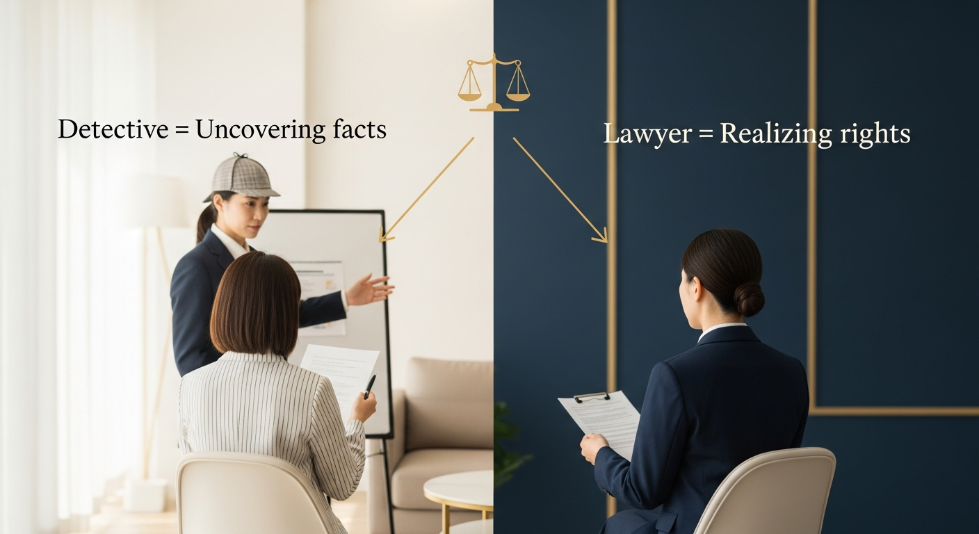 「探偵=事実を突き止める」「弁護士=権利を実現する」という二つの役割が矢印でつながり一つのゴールに向かう図解的なイメージ。役割分担と連携を視覚的に示す整理・比較