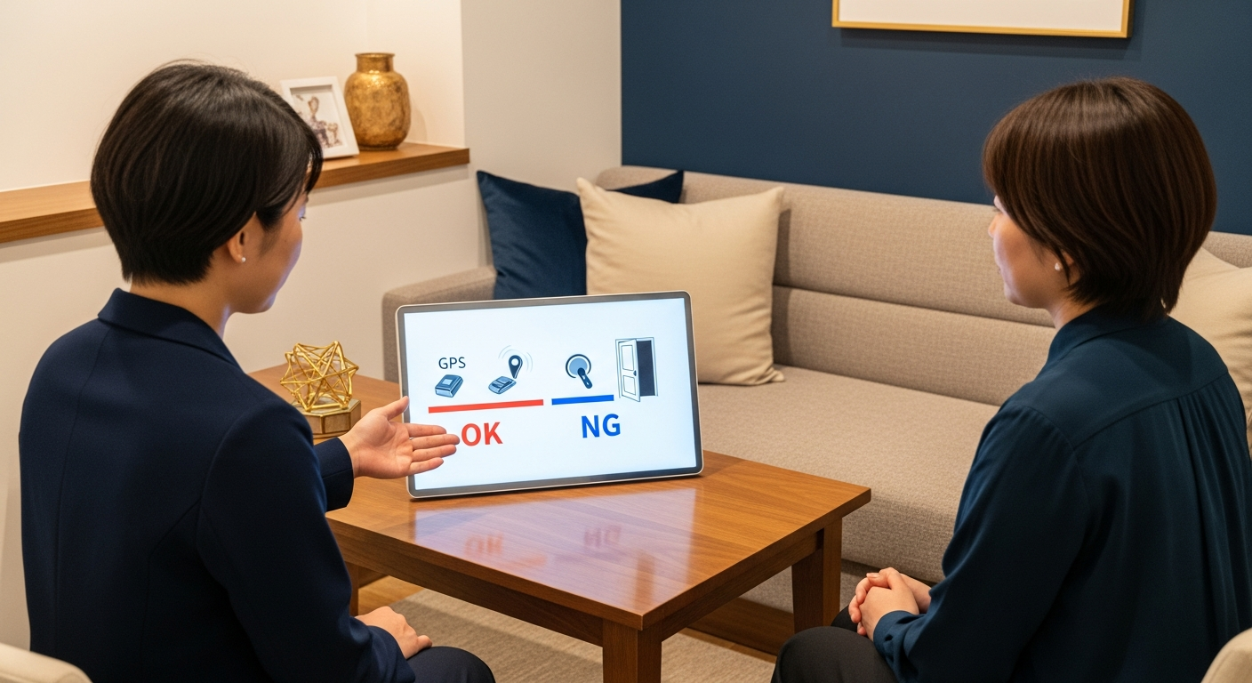「OK(合法)」と「NG(違法)」のラインで調査手段が仕分けされる対比イメージ。GPS無断装着・盗聴・住居侵入などが越えてはいけない一線として示される、注意喚起