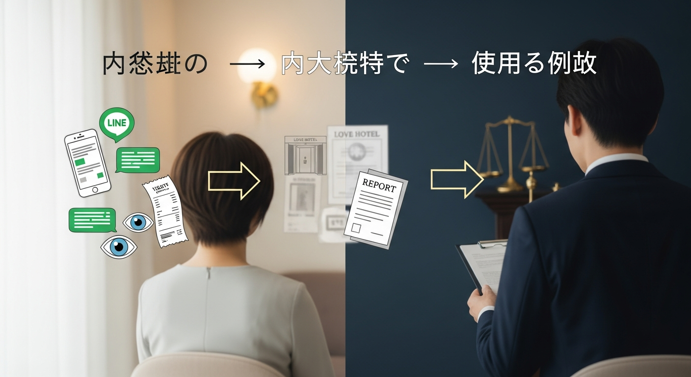「自分の中の確信」を「使える証拠」へ変換する流れを示した図解イメージ。左に確信の材料(LINE・領収書・目撃)、中央に探偵調査による不貞を推認できる証拠(ラブホ