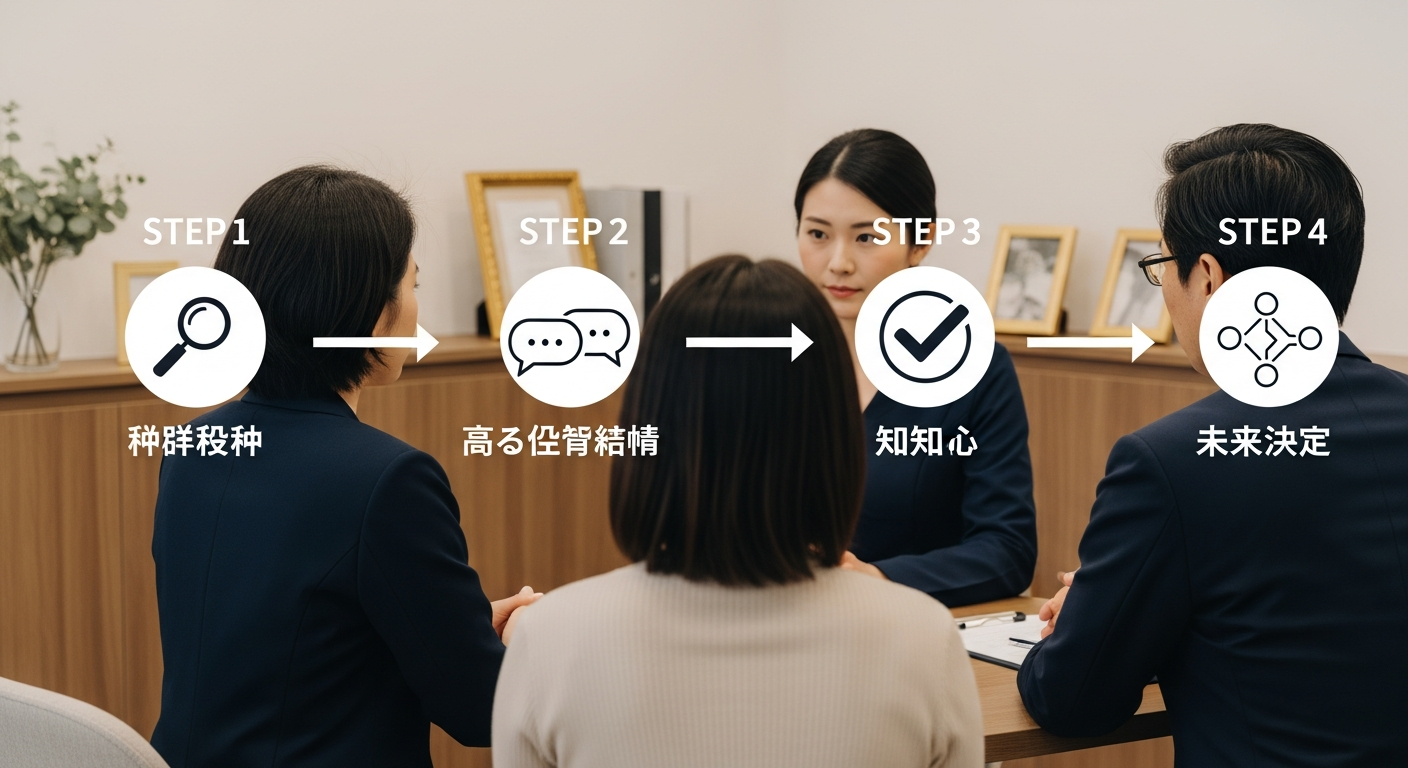 「証拠確保→冷静に問い詰める→認めさせる→今後を決める」の流れを左から右へ矢印でつないだフローチャート的な図解イメージ。各ステップにアイコン（虫眼鏡・対話・チェ