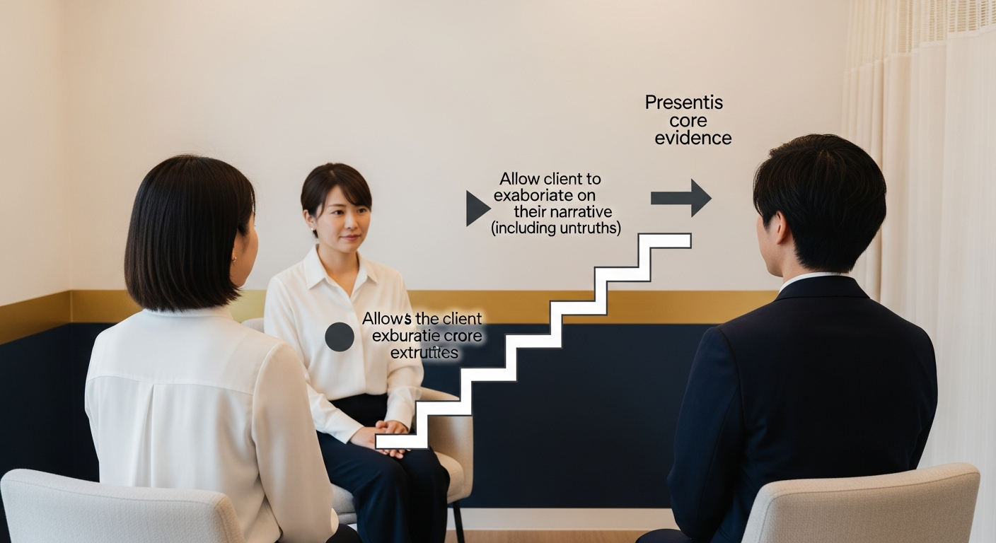 問い詰めの場面を「普段通りに切り出す→外堀から確認→嘘を重ねさせる→核心の証拠を提示」と段階的に進める様子を、階段やステップ状の矢印で示した図解イメージ。決定的