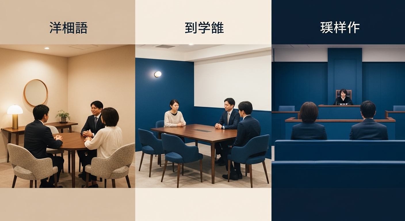 家庭裁判所の外観や調停室をイメージした落ち着いた建物・部屋の写真風イラスト。協議→調停→審判の3ステップを視覚的に連想させる。ネイビー・ゴールドトーン統一